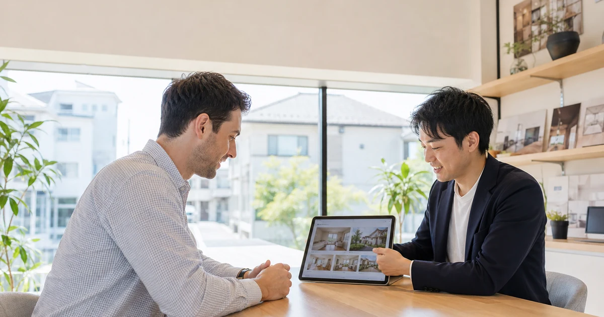 不動産会社のカウンターで、担当者とタブレットを見ながら相談している外国人の様子