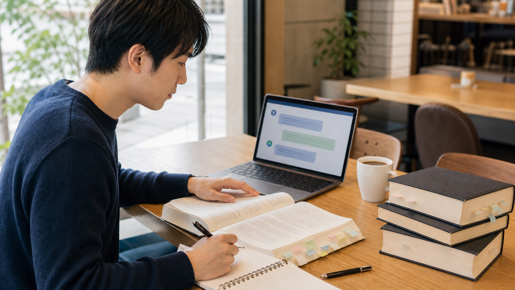 カフェで法律の参考書とノートパソコンを使いAIと対話しながら勉強する受験生
