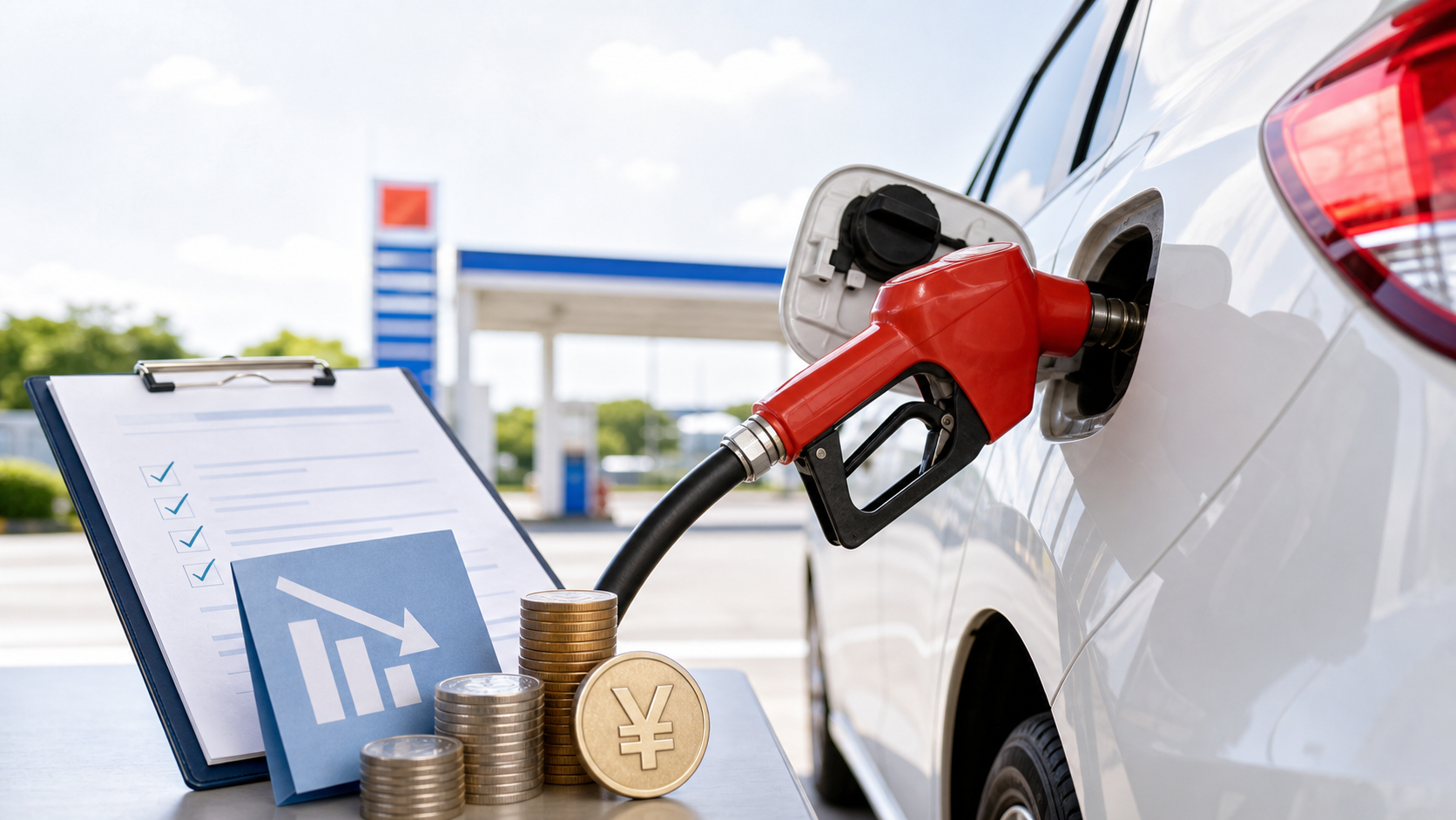 ガソリンスタンドで給油する車と補助金のイメージ
