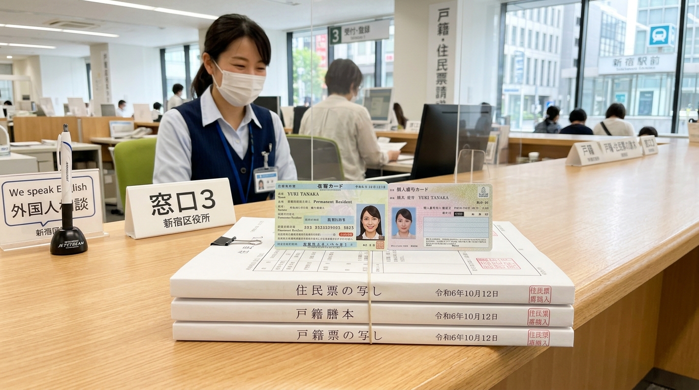 外国人が市区町村の窓口で手続きをしているイメージ