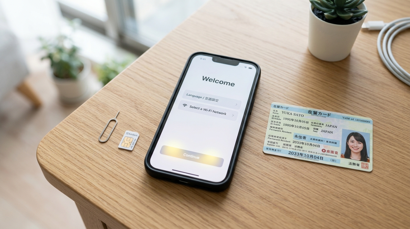 外国人がスマートフォンを持ち携帯ショップで手続きをしているイメージ
