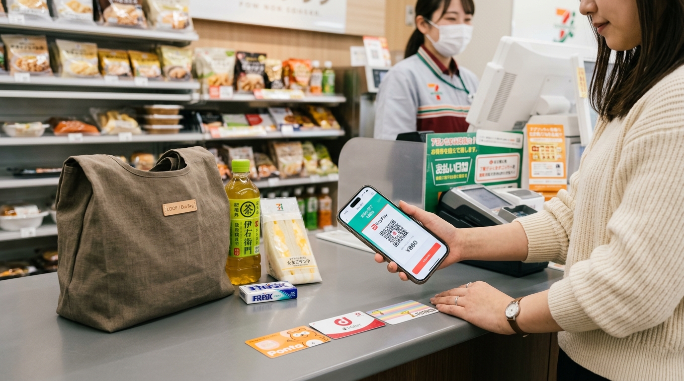 外国人が日本のショッピングモールで買い物を楽しんでいるイメージ