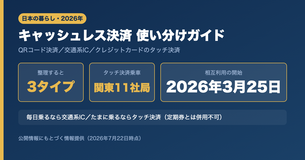 日本のキャッシュレス決済3種類とシーン別の使い分けを示す図